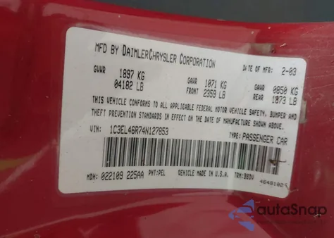 2004 Chrysler Sebring Lx из США, поврежденный, VIN 1C3EL46R74N127853